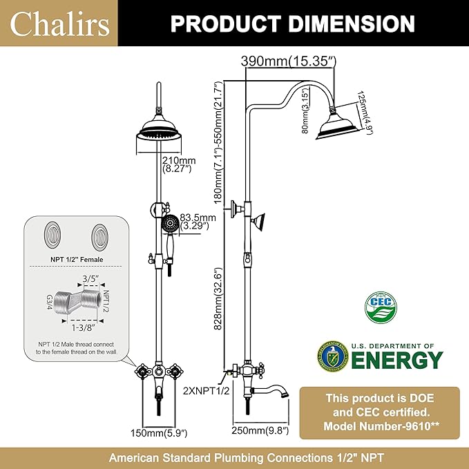 Exposed Shower System Brushed Gold,Antique Brass Shower Faucet Set with 8 Inches Rainfall Shower Head Vintage,Outdoor Shower Fixture with Foldable Tub Spout