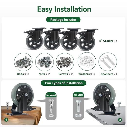 5" Caster Wheels Set of 4 Heavy Duty, BZOLIHEU Swivel Caster - Image 7
