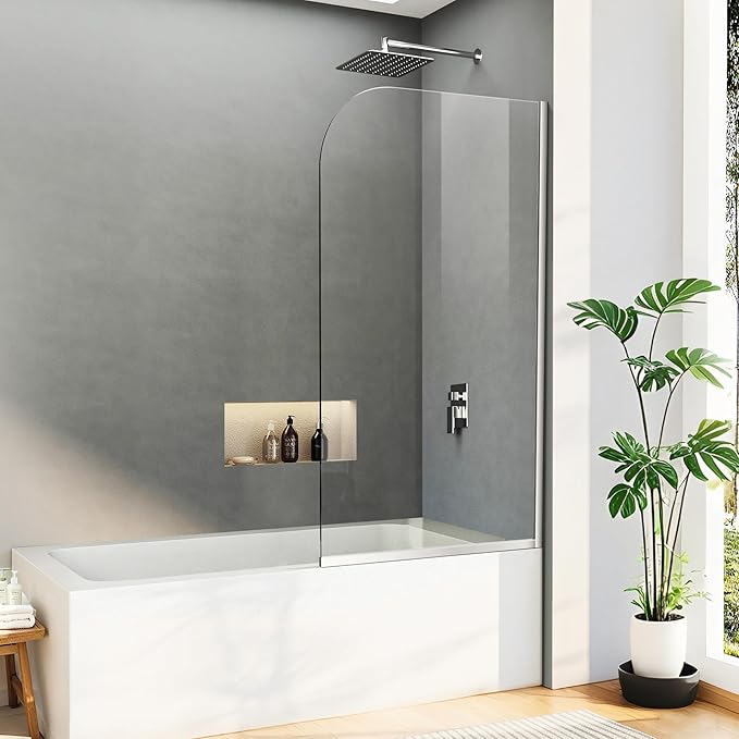 Bathtub Shower Glass Panel, 34" W X 58" H Tub Shower Door Fixed Glass Doors in Silver with 1/4"(6mm) Clear Tempered Door, Simple Shower Door Panel Easy to Install for Bathroom