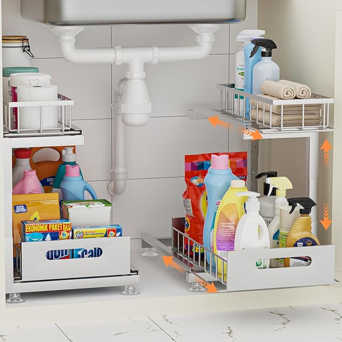 2 Pack Under Sink Organizer, Heavy Duty Meta Slide Out Sink Shelf Organizer Height Adjustable, Multi-Purpose Storage Shelf for Kitchen Bathroom (Silver,2Pack)