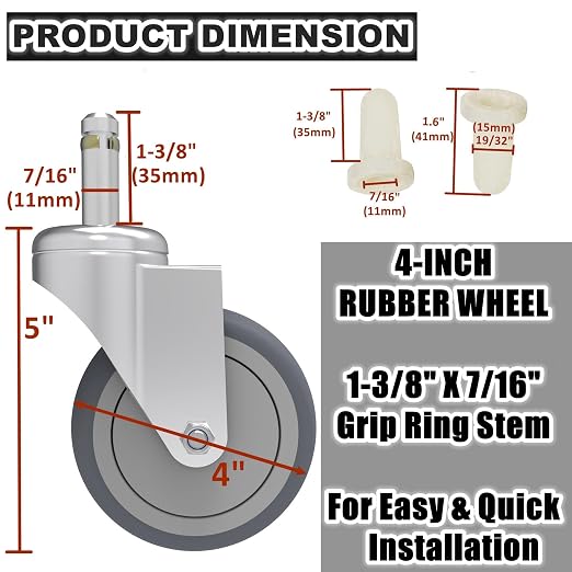 RILIDRI 4-Inch Swivel Stem Caster, 7/16-Inch Stem Diameter Rubber Wheel - Image 2