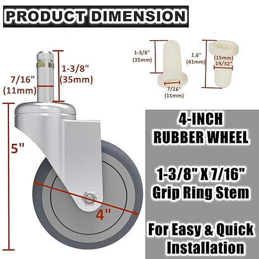RILIDRI 4-Inch Swivel Stem Caster, 7/16-Inch Stem Diameter Rubber Wheel - Image 2
