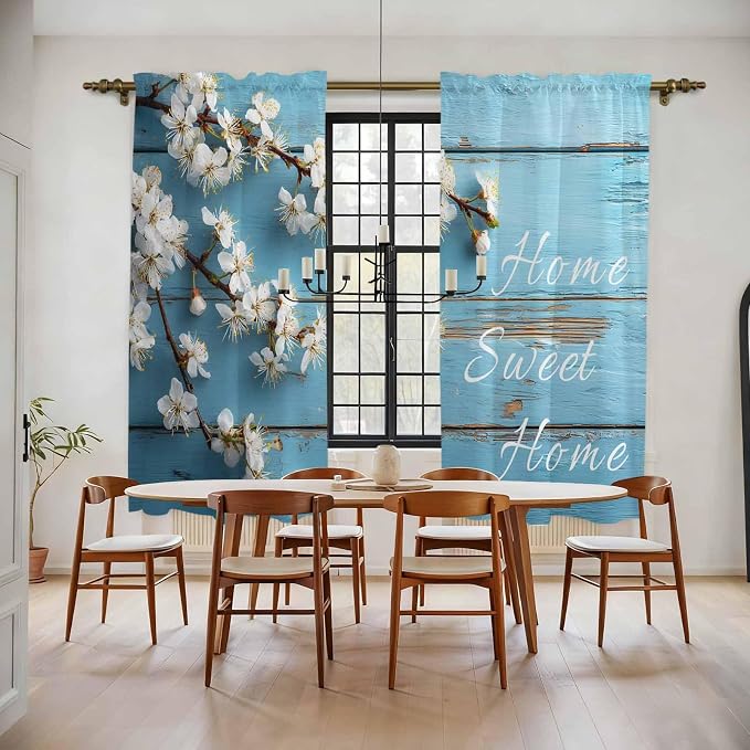 Farmhouse Wooden Grain Kitchen Curtains, Vintage Shabby Chic Flower Blue Light - Image 2