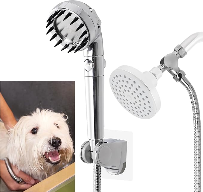 Hygie Rinse Handheld Dog Shower Attachment with Massage Head for Fast and Easy Dog Bathing and Cleaning, Included Garden Adapter for Indoor and Outdoor Dual Use, Handheld Sprayer with Hose, Chrome