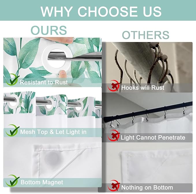 No Hook Shower Curtain and Liner Set, Teal Eucalyptus Floral Shower Curtains for Bathroom, Bath Curtain Sets with Snap in Liner, Waterproof with See Through Top Window, 71x84 Inches