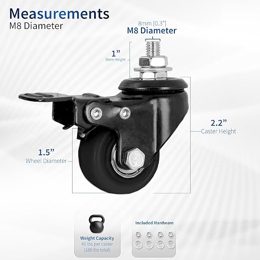 VIVO M8 Threaded Locking Caster Wheels, Rubber Base, 1.5 inch Replacement Wheels - Image 2