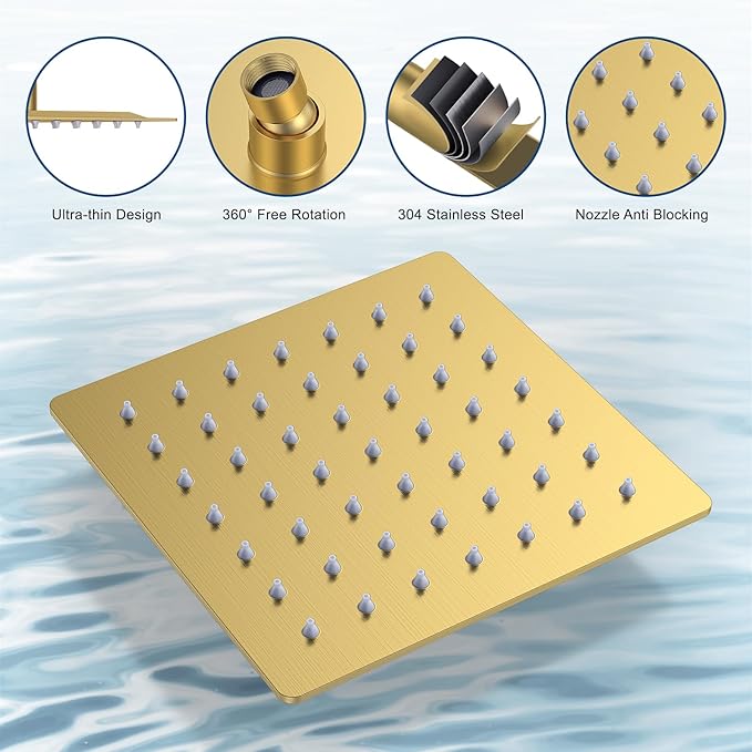 Shower Faucet Set, Wall Mounted Rainfall Shower System 12"+ 6" Dual Shower Head Sets with 2 in 1 Handheld Spray with Rough-in Valve and Shower Trim Kit, Brushed Gold