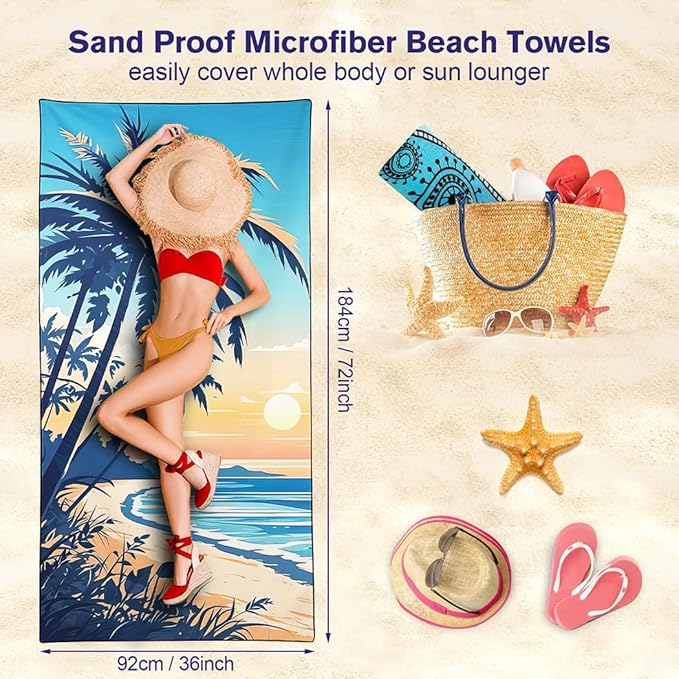 Quick-Dry Coconut Beach Towel 36"x72" Sand-Free Soft Microfiber with Palm Tree Pattern