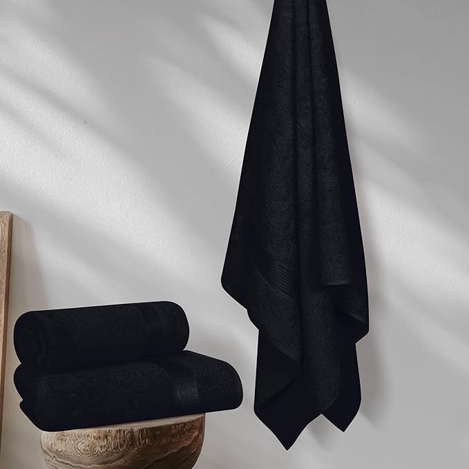 Elvana Home Cotton 2 Pack Oversized Bath Towel Set 28x55 inches, Large Bath Towels, Ultra Absorbant Compact Quickdry & Lightweight Towel, Ideal for Gym Travel Camp Pool - Black