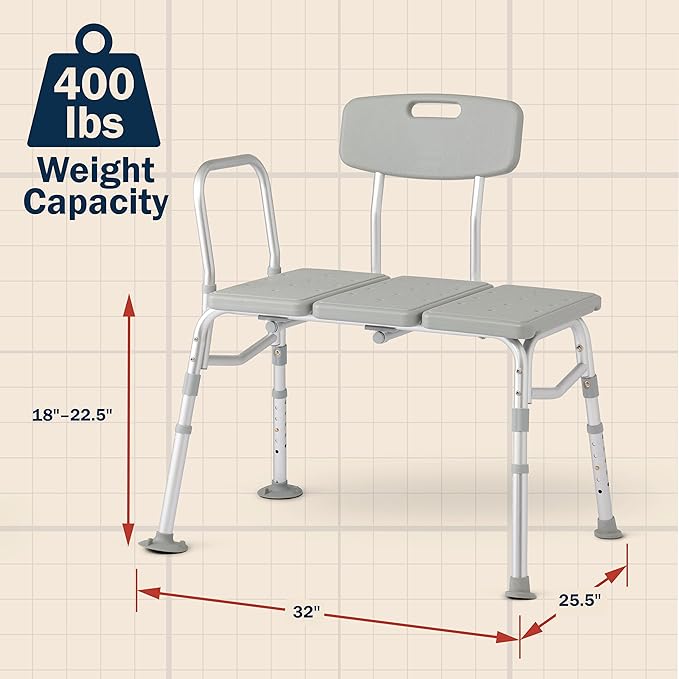 Tub Transfer Bench, 400 lb Capacity Bath & Shower Seat, Tool-Free Assembly, Anti-Slip Suction Feet, Lightweight Frame, for Seniors & Mobility Assistance
