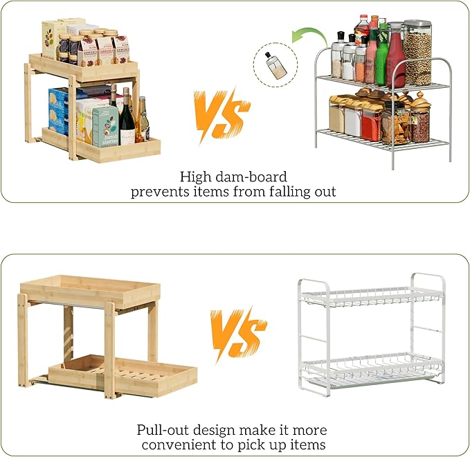 2 Pack Under Sink Organizer, Bamboo Wooden 2-Tier Pull-Out Storage with Sliding Drawers for Kitchen and Bathroom Cabinets, Easy Installation (Natural, 1 pack)
