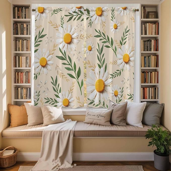 Spring Daisy Kitchen Curtains, Country Watercolor Flower Leaf Plant Light - Image 3