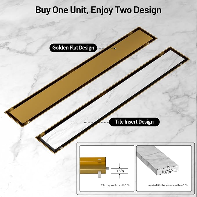 Linear Shower Drain, 304 Stainless Steel with Adjustable Leveling Feet, Hair Strainer,Reversely Install Place to Create an Invisible Floor Drain - Gold -48-Inch