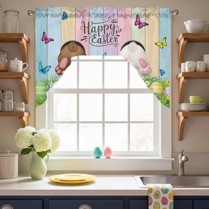 Swag Valance Curtains, Happy Easter Rabbit Butt Egg on Daisy Leaf Rod Pocket - Image 7