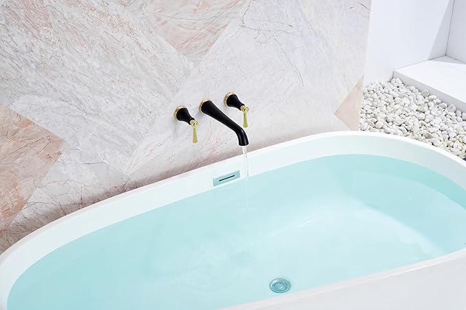 SITGES Polished Gold and Black Wall Mount Bathtub Faucet with Two Level Handles,10.5" Spout Reach Solid Brass High Flow Wall Tub Filler,Rough-in Valve Included