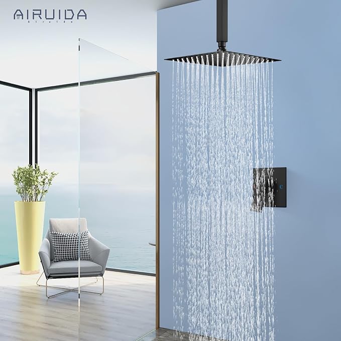 Airuida Shower Faucet Set and Handle Set Single Function Shower Trim Kit Ceiling Mount Rainfall Shower System with Male Threads and Rough-in Valve 10 Inch Square Shower Head Matte Black