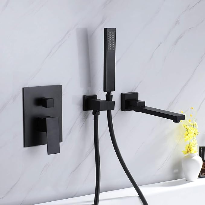 Wall Mounted Bathtub Faucet with Handheld Shower, Solid Brass 180° Swivel Bathroom Tub Filler Faucet with Hand Shower Modern Single Handle Tub Faucet Set, Matte Black