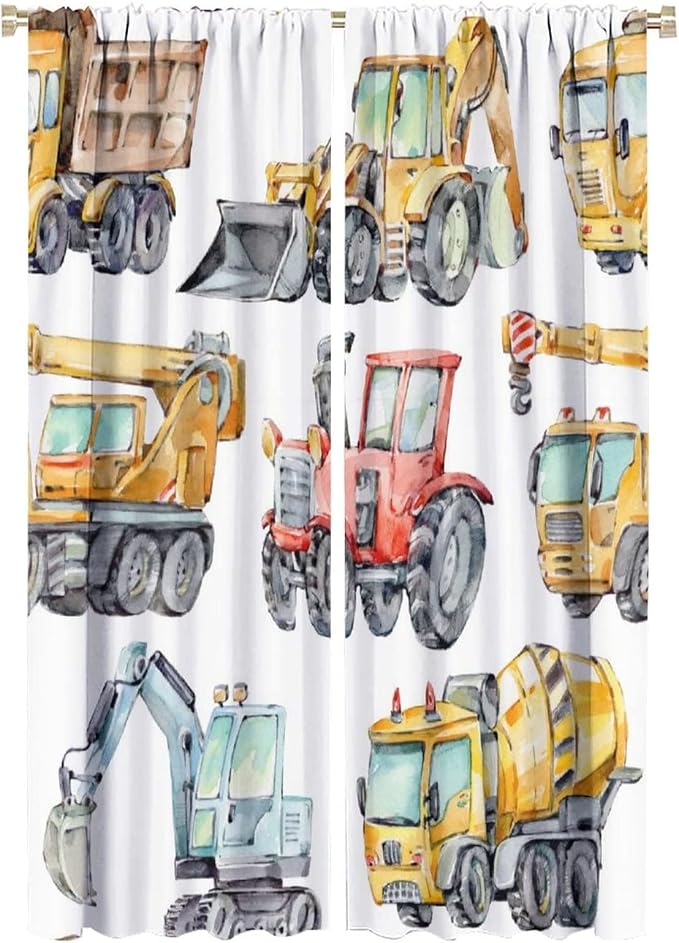 Kids Excavator Curtains, Retro Truck Tractor Machinery Construction Vehicle by SHElifestyle