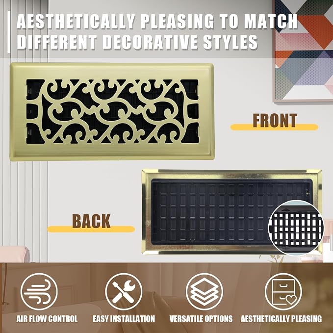 2 Packs Floor Vent Air Register 4X10 Inch Brushed Gold Color Floor Register - Image 2