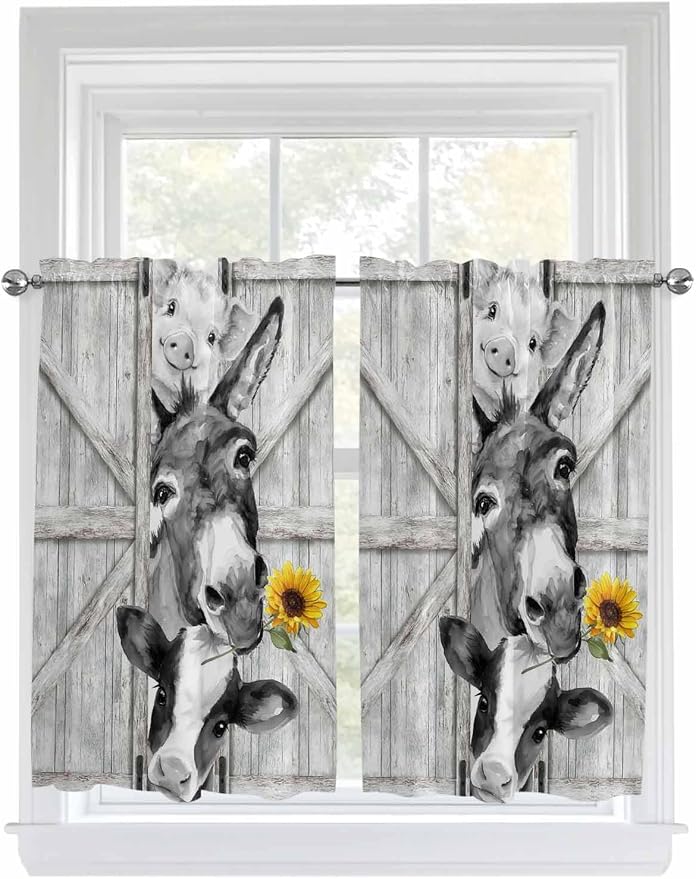 Grey Farmhouse Kitchen Curtains 45 Inches Length, Vintage Sunflowers Animals by Unknown