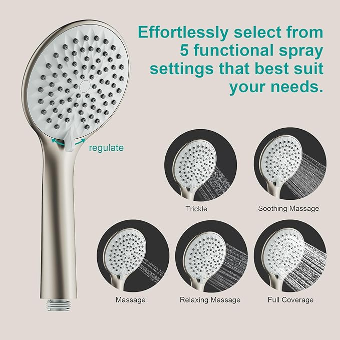 Shower Slide Bar Handheld Shower Head with Hose, 5-Function Hand Shower with Wall Mount，shower slide bar,adjustable height shower head (A-round, Brushed Nickel)