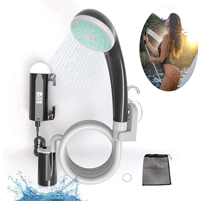 Portable Outdoor Shower Pump Camping Shower Pump Rechargeable LED IPX8 Waterproof for Indoor Outdoor Camping Hiking Motorbikes Travel Shower Car Pet Cleaning