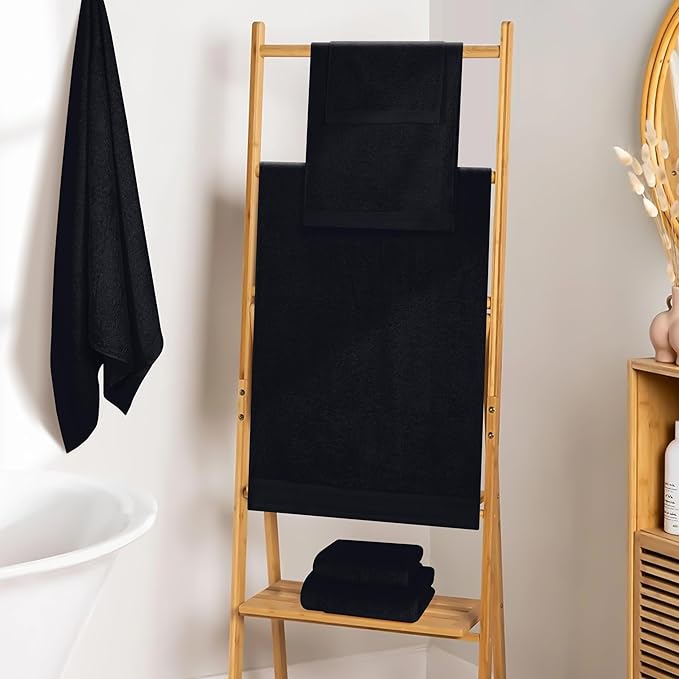 Ultra Soft 6 Pack Cotton Towel Set, Contains 2 Bath Towels 28x55 inch, 2 Hand Towels 16x24 inch & 2 Wash Coths 12x12 inch, Ideal Everyday use, Compact & Lightweight - Black