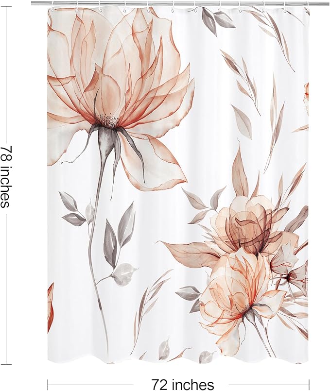 Long Boho Watercolor Floral Shower Curtain 72 x 78, Orange and Grey Ink Painting Style Flower Shower Curtains for Chic Elegant Bathroom, Artistic 78 Inch Long Fabric Shower Curtain