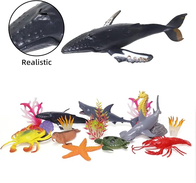 Ocean Sea Animal Figure Toys for Kids 3-5, Realistic Sea Life Figures Animal Creature Sand Toys Beach Bath Playset Include Shark Whale Corals Seagrass Crab Octopus Turtle for Toddler Boys & Girls