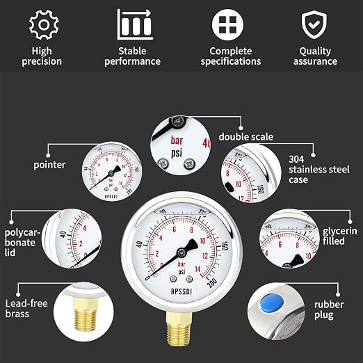 0-200 Psi Glycerin Liquid Filled Low Pressure Gauge, 2.5" Dial Size, 1/4" G - Image 3