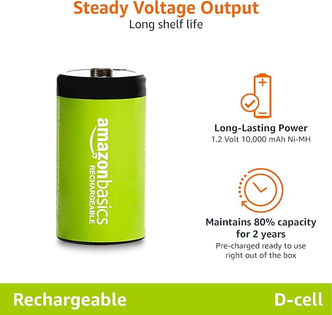 Amazon Basics 4-Pack Rechargeable D Cell NiMH Batteries, 10000 mAh, Pre-Charged - Image 3