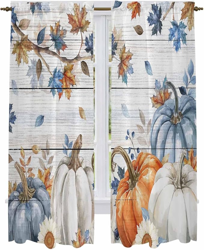 Thanksgiving Pumpkin Window Curtains 72 Inch Long 2 Panel Set, Rod Pocket Long - Image 2