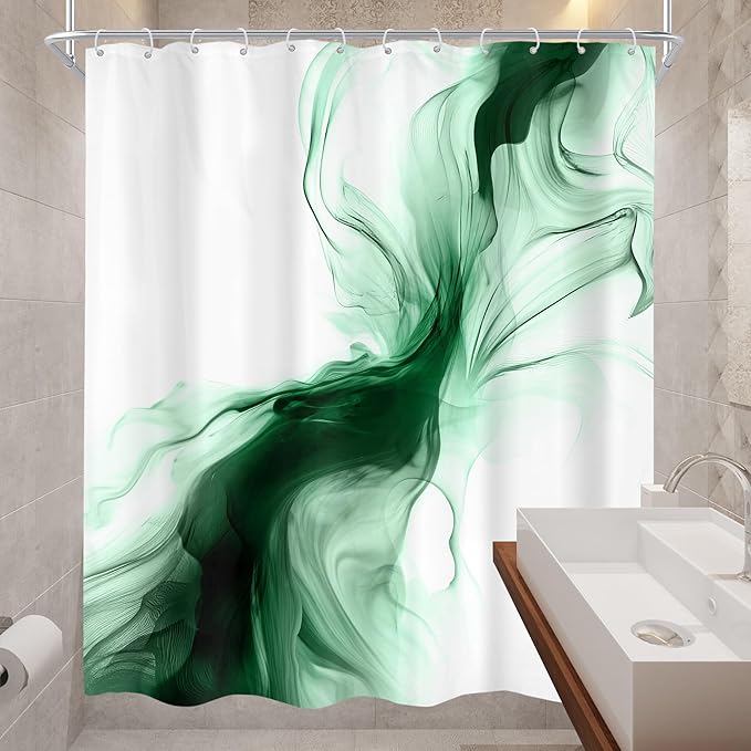 Cinbloo Green Shower Curtain 60Wx72H Abstract Marble Ombre Modern Ink Texture Minimalist Dark Smoke Shapes Bathroom Curtain Set Chic Simple Aesthetic Men Neutral Bath Bathroom Accessories Decor
