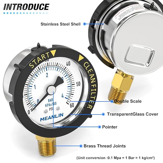 MEANLIN MEASURE 0~60Psi Stainless Steel Start and Clean Filter Pressure Gauge - Image 5