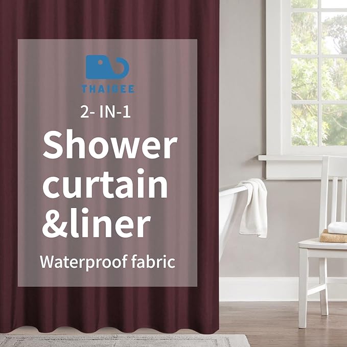 2-in-1 Waterproof Fabric Shower Curtain or Liner,Linen Textured,Breathable TPU & Washable Bathroom Shower Curtain Set with 12 Plastic Hooks,Modern,72"x72" Burgundy