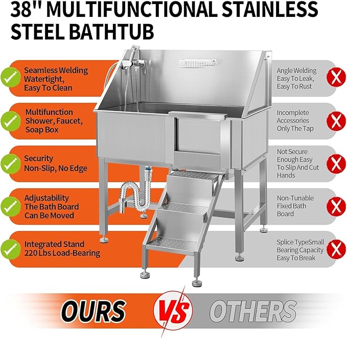 38 Inch Professional Dog Wash Station, Stainless Steel Dog Grooming Tub for Large, Medium & Small Pets - with Anti-Slip Stairs, Drain & Door, Silver