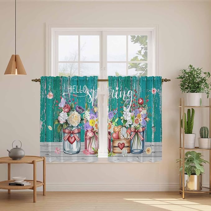 Spring Flowers Kitchen Curtains, Farmhouse Watercolor Teal Wood Grain Light - Image 3