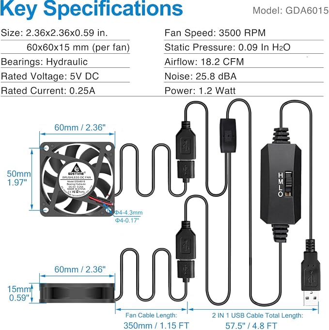 GDSTIME 2-Pack 60mm x 15mm USB Fan - Image 6