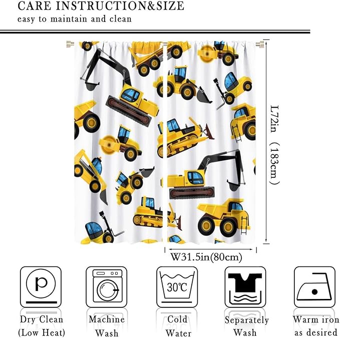 Kids Construction Equipment Window Curtains, Excavator Tractor Tow Truck Rod - Image 4