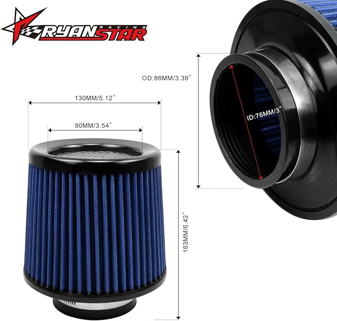 RYANSTAR RACING 76mm 3" High Flow Round Tapered Cone Cool Air Filter Cleaner - Image 2
