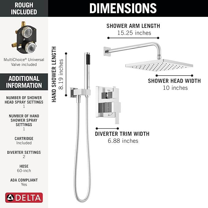 Delta Modern 14 Series Square Rain Shower System Faucet Set, Rainfall Chrome Shower Head and Handle Set, Valve Trim Kit, 10 Inch, Chrome 342701