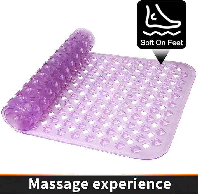 Yimobra Bathtub Mat Non Slip, Super Strong Suction Cups, 27.5"x15.5" Long Shower Mat with Drain Holes, Machine Washable Fast Draining Bath Mats, Bathroom Essentials,Clear Purple