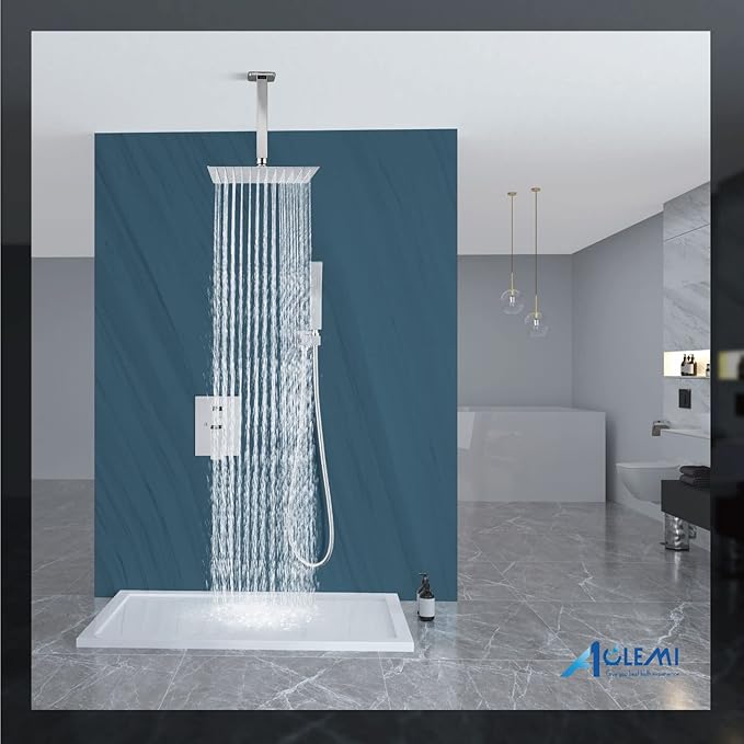 Aolemi Ceiling Mount Shower System Rain Shower Head with Handheld Spray High Pressure Shower Faucet Set Rough-in Valve Shower Trim Kit Included Bathroom Polish Chrome 12 Inch Ceiling Shower Head