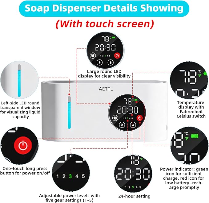 Touchless Automatic Foaming Hand Soap Dispenser Wall Mount,Kitchen Bathroom,Modern Smart Home,USB Type-C Rechargeable,Long Battery Life,Time and Temperature Display,5-Level Adjustable,16.9 oz