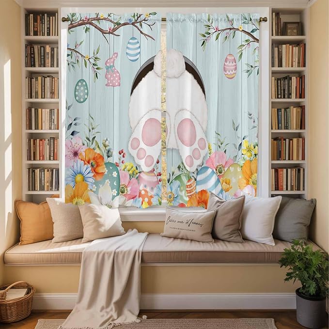 Easter Bunny Window Curtains 63 Inch Long 2 Panel Set, Rod Pocket Bedroom - Image 3