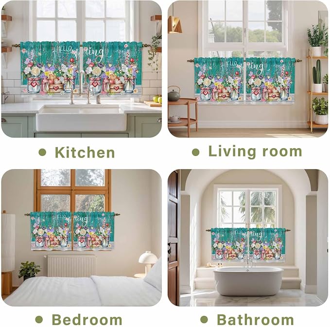 Spring Flowers Tier Curtains, Farmhouse Watercolor Teal Wood Grain Light - Image 8