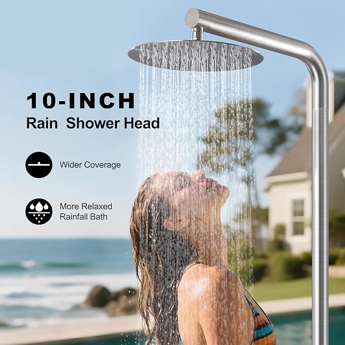 RBROHANT Freestanding Outdoor Shower, 316 Marine Grade Stainless Steel Beach Shower, Free Standing Hot and Cold Water Pool Shower with 10’’ Rain Shower Head and Handheld, Brushed Nickel, Floor Mounted