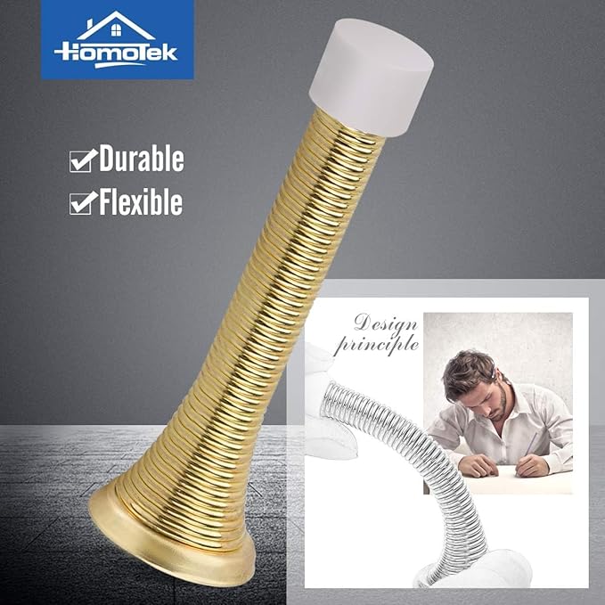 HOMOTEK 50 Pack Spring Door Stopper with Rubber Bumper 3-1/8" Flexible Spring Heavy Duty Wall Door Stop Low Mounted Door Bumper for Home (Bright Brass)
