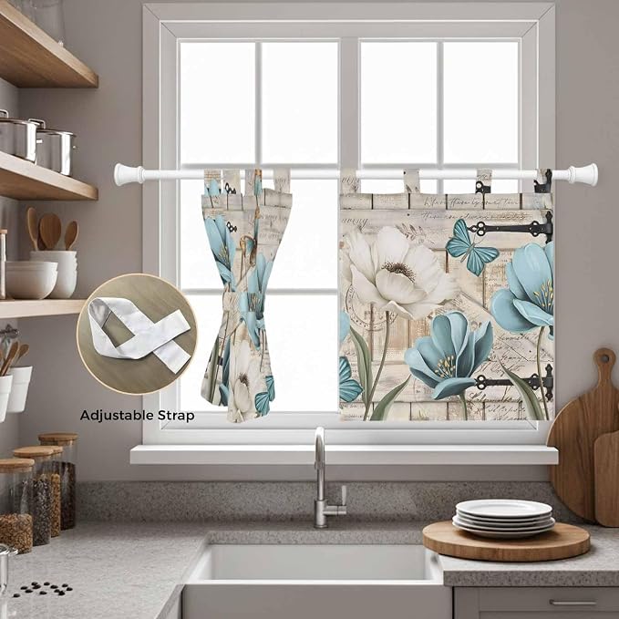 Teal Blue Tulips Kitchen Curtains 24 Inch Length, Small Window Curtains Tab Top - Image 5