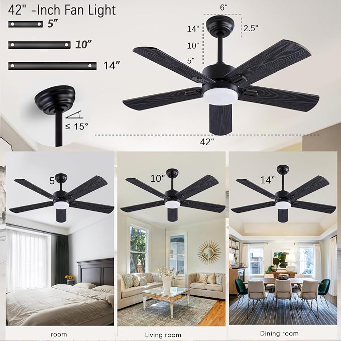 QUTWOB 42" Ceiling Fan with Light and Remote, Farmhouse 5 Blades Quiet - Image 2